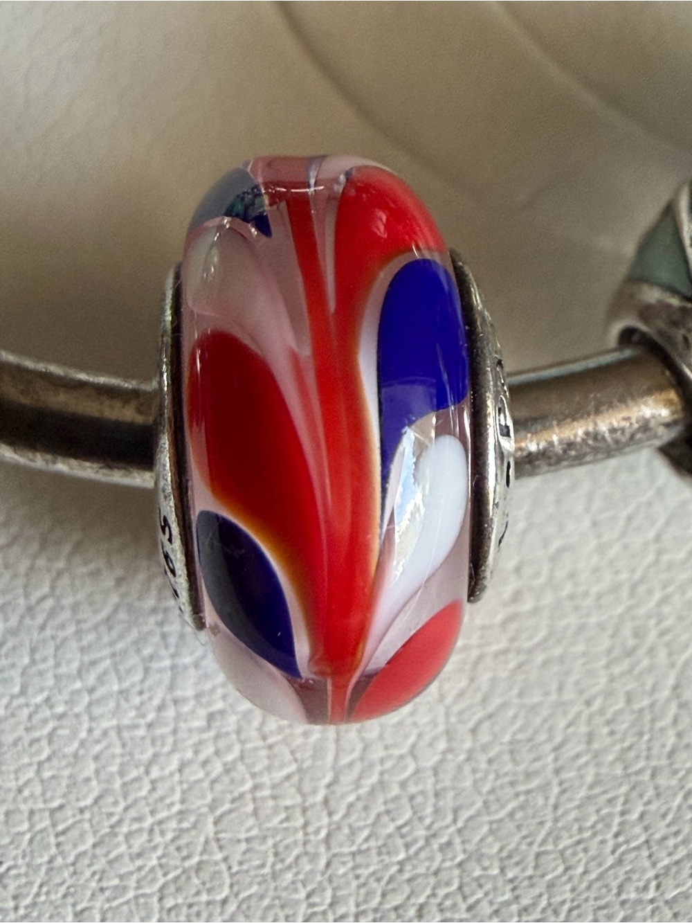 Authentic Pandora Red, Blue & White Swirl murano Charm Silver